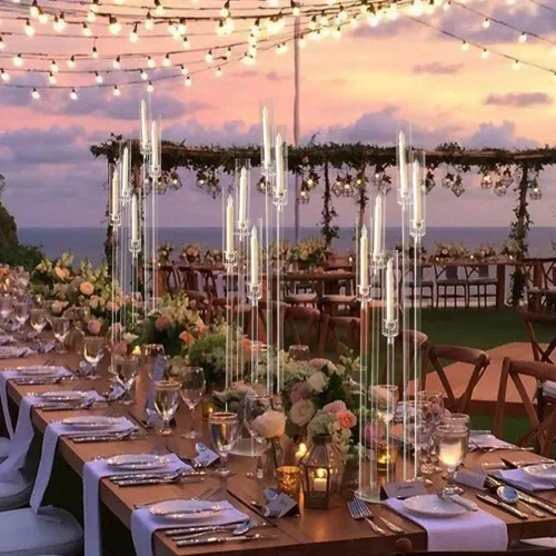 Vista 9 de Centros de mesa acrílicos de 5 brazos para bodas, candelabros de piso con pantalla extraíble para fiesta de Navidad, chimenea, día de San Valentín