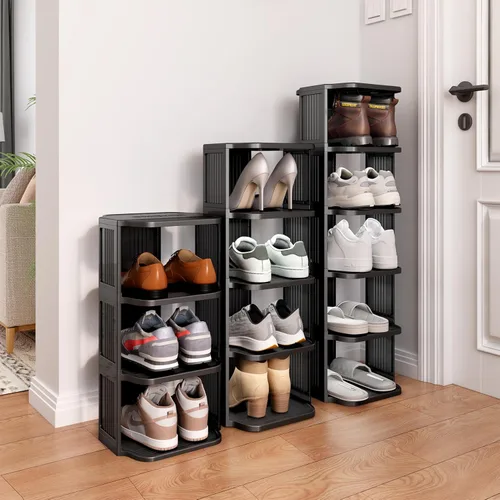 Vista 2 de Zapatero para armario, de 5 niveles apilables, para entrada de puerta delantera, independiente, soporte de plástico estrecho y alto, vertical