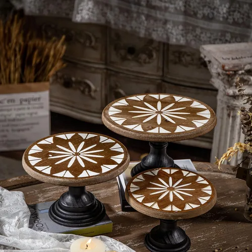 Vista 7 de Soporte redondo de madera para tartas de 8 pulgadas, bandeja de pedestal tallada a mano, soporte rústico de granja para tartas de boda, fiesta