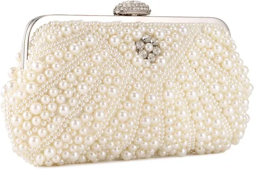 Vista 9 de UBORSE Bolso de mano de perlas para mujer, bolso de noche con cuentas de cristal noble para boda, con cadena de perlas