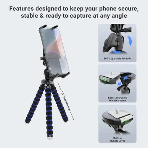 Vista 4 de Arkon Soporte de trípode para teléfono compatible con iPhone 12 11 XS XR Galaxy Note 20 10 9 S21 S20 S10 Retail Negro