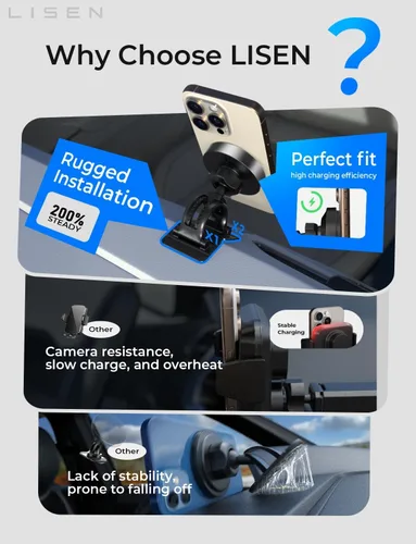 Vista 6 de LISEN Cargador de coche MagSafe de 15 W, cargador de coche inalámbrico magnético para iPhone 17 Pro Max, soporte magnético para teléfono para iPhone
