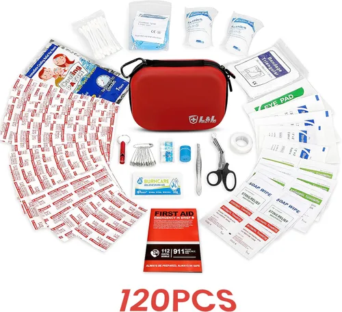 Vista 9 de Kit de primeros auxilios para viajes, automóvil y supervivencia de emergencia, suministros médicos compactos e impermeables con vendajes de trauma