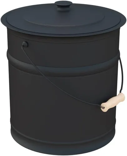 Plow & Hearth Cubo de ceniza grande negro de 3 galones con tapa y mango de madera, metal de hierro galvanizado de calibre 28, doble fondo,