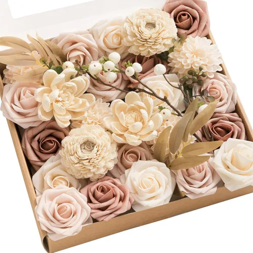 Vista 8 de Ling's moment Caja de flores falsas, tallos de vegetación artificiales artificiales, rosas de espuma, anturios, orquídea de seda, hoja de palmera