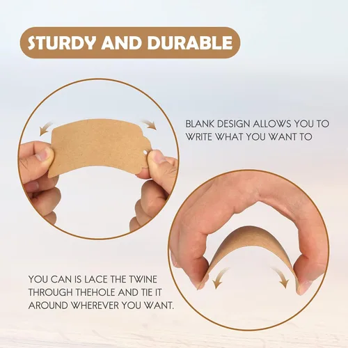 Vista 4 de 100 etiquetas de precios G2PLUS de papel de estraza, con una cuerda marrón e ideales para empaques, manualidades, bodas, Navidad, Día de Acción