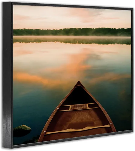 Vista 3 de Stupell Industries Canoa on Lake Warm Sunrise Water Reflection - Arte de pared enmarcado negro, 30.0 x 24.4 in, naranja