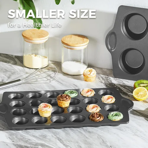 Vista 5 de HONGBAKE bandeja antiadherente para 24 mini muffins, molde para cupcakes para hornear, bandeja comercial pequeña para cupcakes para cheesecake