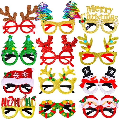 Max Fun 12 marcos de gafas de Navidad con purpurina para fiestas, accesorios de decoración de Navidad, accesorios de disfraz para fiestas de
