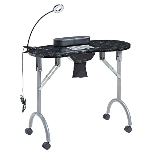 CHAOEEMY Mesa de manicura portátil, mesa de manicura profesional con enchufe USB, lámpara de mesa LED, almohada de esponja, colector de polvo Negro