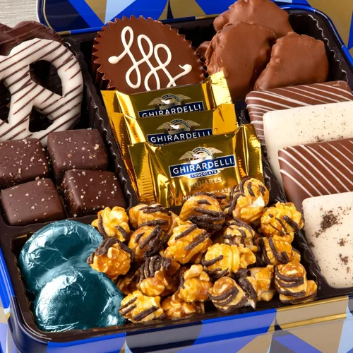 Vista 5 de Blue Bow Gourmet Caja de regalo de surtido de chocolate artesanal para cumpleaños, agradecimiento, regalos empresariales, festivos