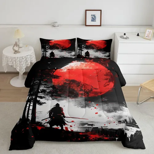 Vista 11 de Feelyou Samurai - Juego de ropa de cama japonesa para niños y niñas, juego de edredón de monte Fuji con 2 fundas de almohada, 3 piezas