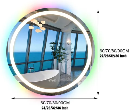 Vista 2 de Espejo de baño LED, espejo de tocador de baño iluminado inteligente, control táctil, antivaho, función de memoria, espejo de tocador retroiluminado