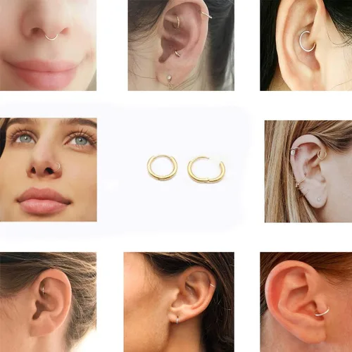 Vista 6 de Aretes de aro pequeños sleeper unisex chapados en oro real de 18K de acero quirúrgico, anillo para la nariz, anillo de septum, anillo de hélice