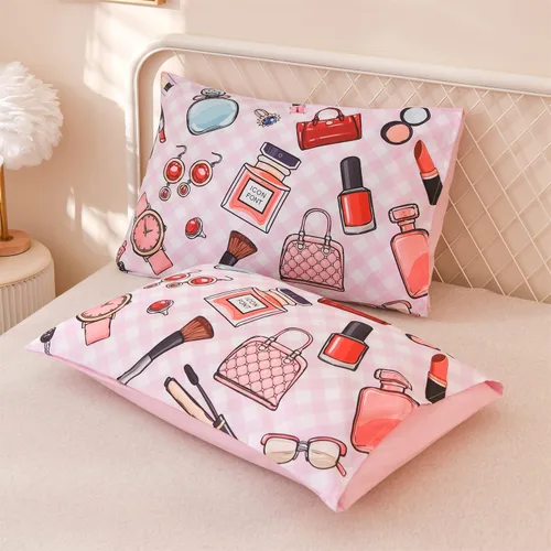Vista 6 de Aimuan Juego de edredón de moda para niña, bolsa de perfume cosmético, lápiz labial, rosa diva, juego de edredón con patrón de esmalte de uñas