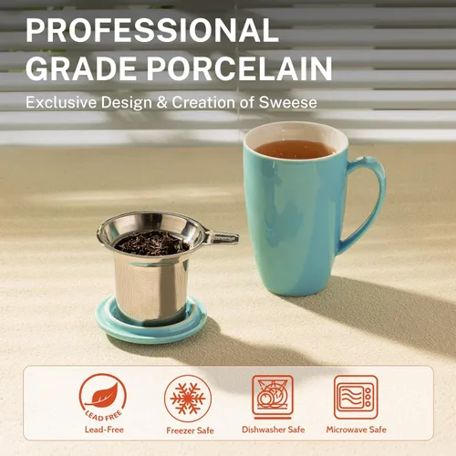 Vista 3 de Sweese Taza de té de porcelana de 15 onzas con infusor y tapa, apta para microondas, mango ergonómico, esmalte sin plomo, para té de hojas sueltas