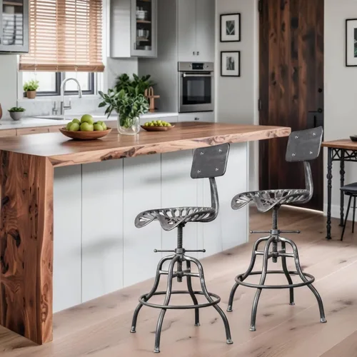 Vista 5 de Taburete de bar industrial, silla de tractor, silla de montar de granja, respaldo, encimera, altura ajustable, taburete de bar de hierro fundido