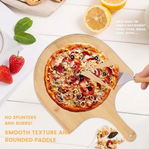 Vista 6 de Juego de cáscaras de pizza de bambú con mango antideslizante, espátula de acero inoxidable y cortador de pizza, juego de espátula multifuncional