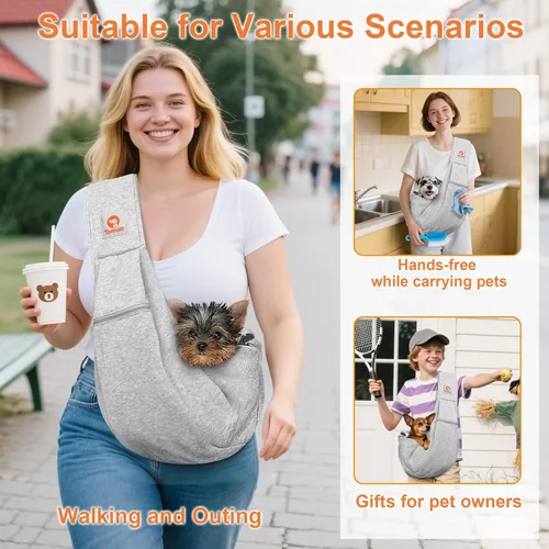 Vista 2 de Tomkas Canguro portaperros para perros pequeños y cachorros, bolsillo con cremallera y correa ajustable, para mascotas de 3 a 10 lb (gris)