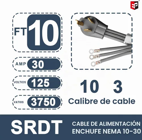 Vista 3 de EP Cable secador de 3 puntas, 4 pies 10/3 SRDT, cable de alimentación de extensión de electrodomésticos de 30 amperios, NEMA 10-30, negro