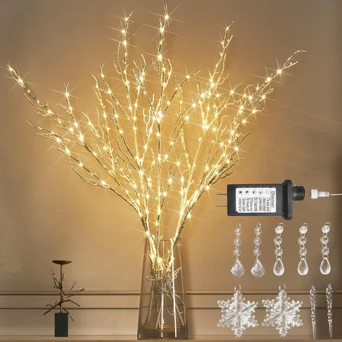 Vista 13 de LITBLOOM - Ramas de sauce marrón iluminadas, de 30 pulgadas, 150 luces LED con enchufe, temporizador y regulador; luces de ramas de árbol con luces