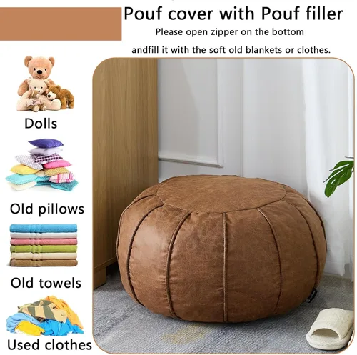 Vista 31 de Louis Donné Funda de puf sin relleno, taburete redondo otomano para reposapiés, puf de almacenamiento, puf de piel sintética impermeable, reposapiés