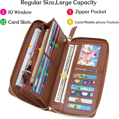 Vista 3 de Badiya Billetera para mujer con bloqueo RFlD de cuero con cremallera alrededor de carteras de gran capacidad