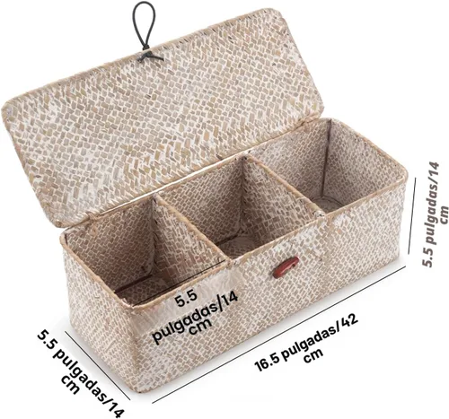 Vista 6 de Cesta de Almacenamiento de Seagrass Blanqueado con Tapa Tejida para Rollos de Papel Higiénico con Secciones Rectangular para Organizar Snacks