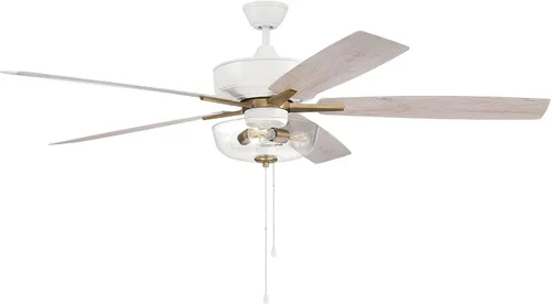 Vista 5 de Craftmade Ventilador de techo Super Pro de 60 pulgadas en acabado de latón blanco/satinado, aspas reversibles de roble blanco/lavado, kit de luz