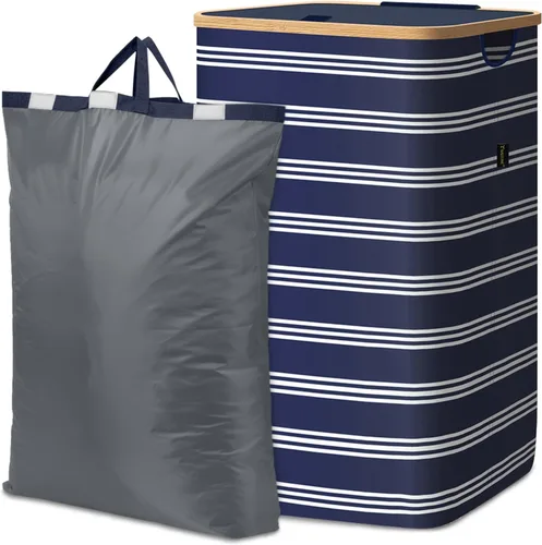 Vista 13 de BALEINE Cesta de lavandería con tapa, cestas altas para la ropa sucia con asas de bambú, contenedor grande para la ropa sucia con soporte interno