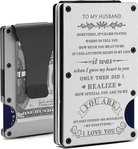 Regalo para mi esposo Cartera de metal grabada minimalista personalizada para hombre de esposa Tarjetero delgado de aluminio personalizado con