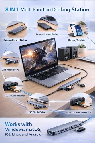 Vista 6 de Adaptador de concentrador USB C 8 en 1 para portátil – Divisor USB multipuerto con USB 3.0, 3 USB 2.0, puerto USB-C, lector de tarjetas SD/TF