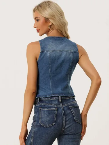 Vista 3 de Allegra K Chaleco de mezclilla para mujer, sin mangas, con cuello en V, lavado y desgastado