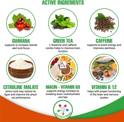 Vista 3 de Spectra Vitamins Natural Energy Support 30 cápsulas - Cápsulas de guaraná - Vitamina B12 - Extractos de guaraná y té verde - Suplementos energéticos