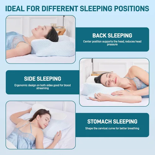 Vista 7 de Almohada cervical para dormir, almohada de espuma viscoelástica en forma de mariposa para aliviar el dolor de cuello, espuma BASF refrescante