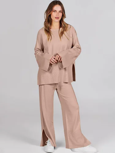 Vista 2 de ANRABESS Conjunto de 2 piezas para mujer, sudadera de punto de gran tamaño y pantalones de pierna ancha con cordón