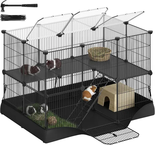 SONGMICS ULPI016BH01 - Jaula para conejillos de indias de 2 niveles, jaula para conejos, corralito de animales pequeños con alfombrilla impermeable,