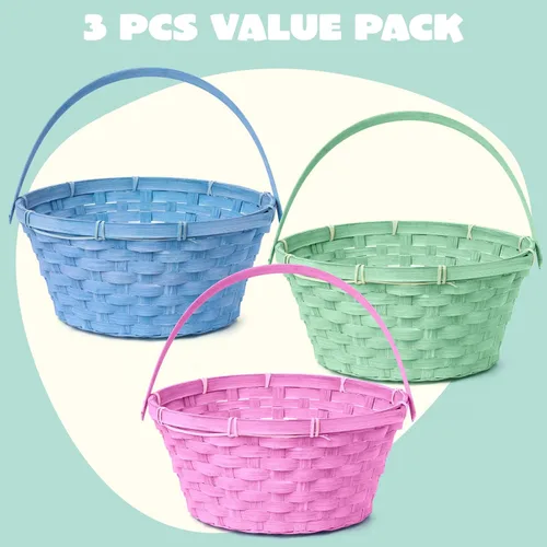 Vista 2 de JOYIN 3 cestas de bambú de Pascua, cesta redonda tejida con asa, cesta de regalo vacía para juguetes de dulces para caza de huevos de Pascua