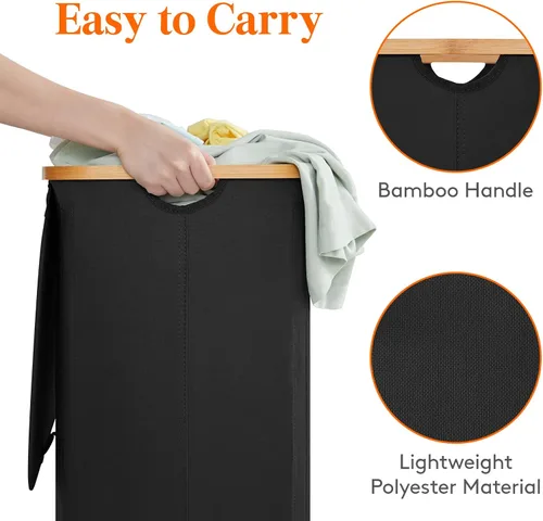 Vista 6 de Lifewit Cesta de lavandería de 100 litros con tapa, cestas de ropa para lavandería con asas de bambú y una bolsa de lavandería extraíble, cesta