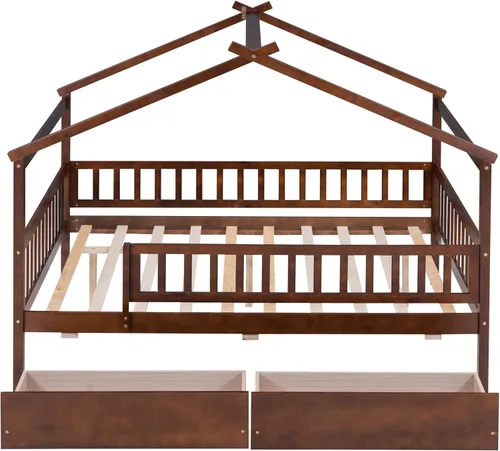 Vista 66 de Merax Cama de madera de tamaño individual con dos cajones, marco de cama de madera con techo para niños, adolescentes, niños o niñas, gris