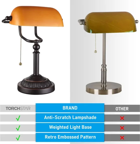 Vista 4 de TORCHSTAR Bankers - Lámpara de escritorio con interruptor de cadena de tracción, lámparas de escritorio con pantalla de vidrio ámbar, base