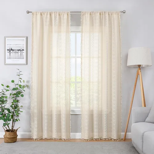 Vista 17 de Cortinas de Encaje Transparente con Borlas de Lino Texturizado Bohemio Negro, Elegantes Cortinas de Ventana con Bolsillo para Varilla de Geometría