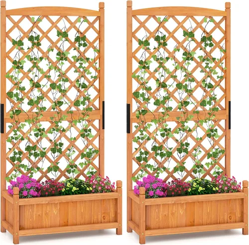 Vista 16 de HAPPYGRILL Cama de jardín elevada de 71 pulgadas con enrejado y 2 techos