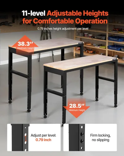 Vista 3 de VEVOR Banco de trabajo ajustable, mesa de trabajo resistente de 48 x 20 pulgadas con ajuste de altura de 28.5-38.3 pulgadas, banco de trabajo