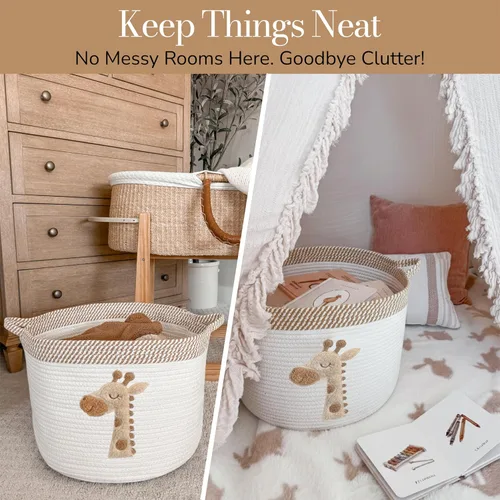 Vista 5 de Cesta de Almacenamiento de Jirafa para Guardería – Contenedor Grande de Cuerda de Algodón de 15"x11" con Parche de Animal de Fieltro Suave