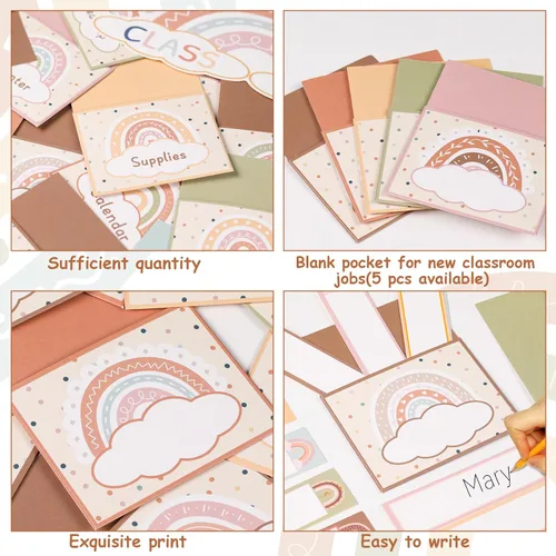 Vista 4 de Juego de 81 tablones de anuncios bohemios con temática de arco iris para el aula, juego de tablones de anuncios para el aula para ayudante