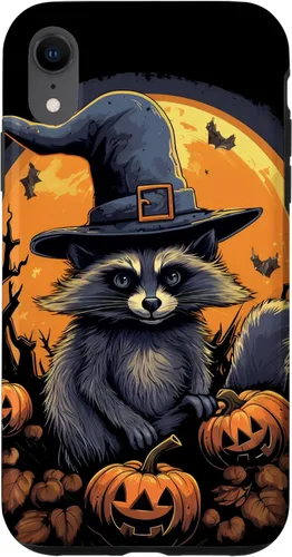 Vista 24 de iPhone 16 Raccoon Witch Hat Pumpkins Halloween Costume Case