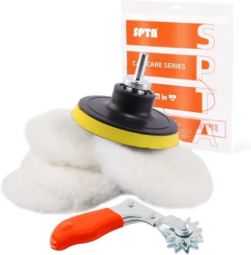 SPTA QA0798SET - Almohadilla de pulido de lana de cordero de 3 pulgadas (2.953 in) con herramienta de limpieza de almohadilla, kit de 6 piezas con