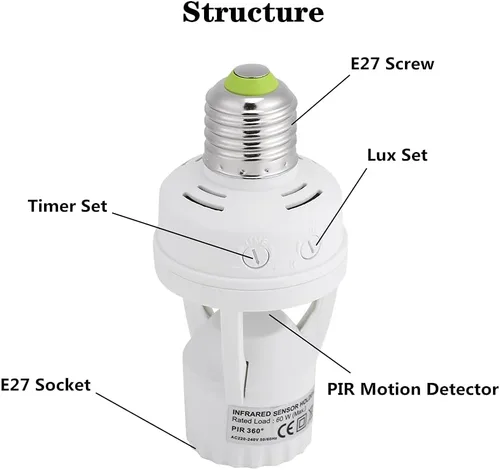 Vista 7 de Toma de luz con sensor de movimiento PIR, soporte de bombilla de tornillo E27 LED PIR sensor de movimiento infrarrojo interruptor de lámpara
