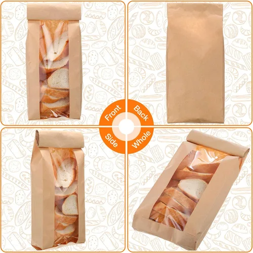 Vista 3 de Thenshop 200 bolsas de pan de papel con ventana para bolsas de pan caseras, sacos de almacenamiento de pan kraft marrón largo para galletas 4.5 x 2